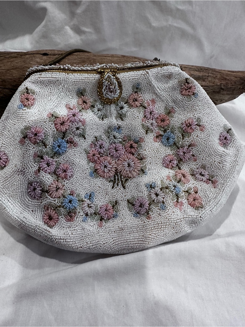 Vintage Floral Beaded Clutch Handbag - White with Pink & Blue Embroidery
